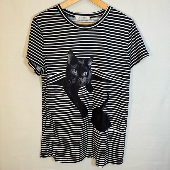 MISSLOOK Crazy Cat Lady Stripe Cat Print Short Sleeve Boho T Shirt Blouse Size L - Picture 2 of 9